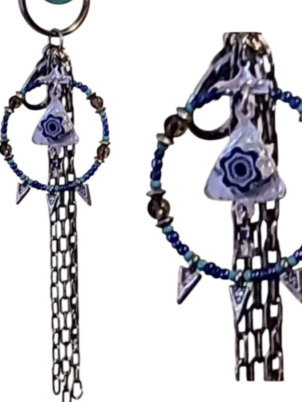 NWT HANDMADE Blue White & Antique Silver Bag Charm Keyring Keychain Handbag